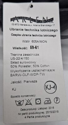 Czapka ubrania technika lotniczego 605A/MON