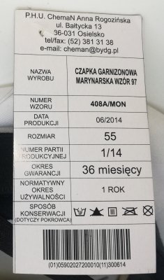 Czapka garnizonowa marynarska - ORP Gen. K. Pułas