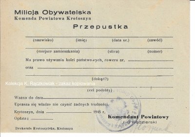 Przepustka - Milicja Obywatelska Krotoszyn 1945 r.